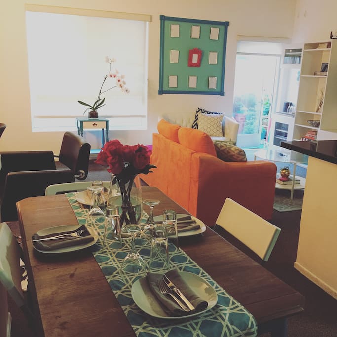 Staying in? We have everything to have an intimate dinner for two including table linens, white dishes and a minibar.
