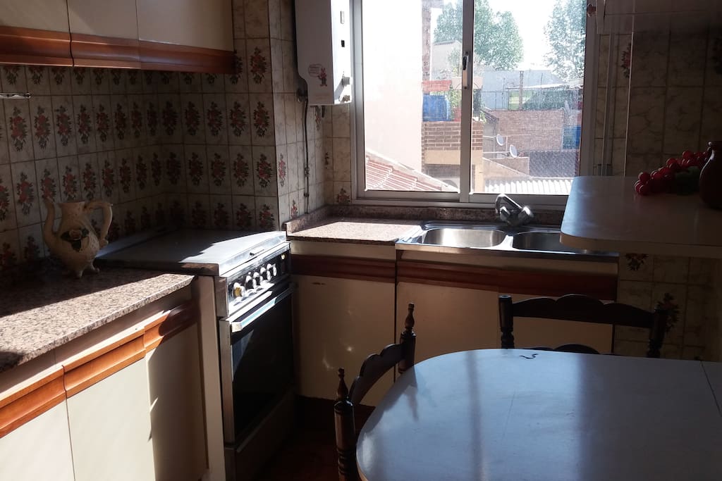 Charming old style kitchen with a gas stove (4 burners), oven, fridge, basic cutlery and silverware...