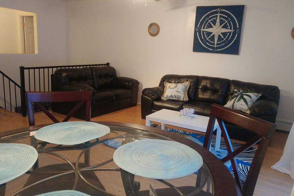 A view of the living room from the dining table.