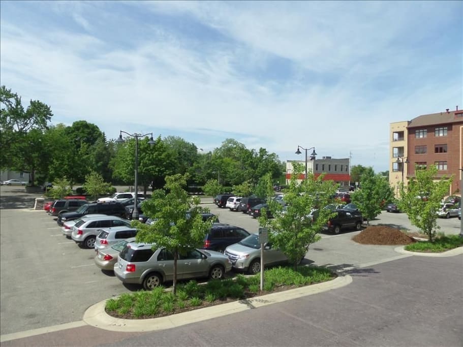 Parking lot and view from balcony.