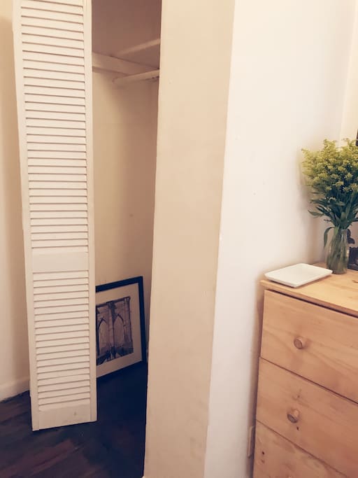 Plenty of closet space, and so I course will provide hangers. Immediate above head storage within closet, and further above head storage if needed (will likely need a step ladder for this unless you are approximately 7 feet tall).