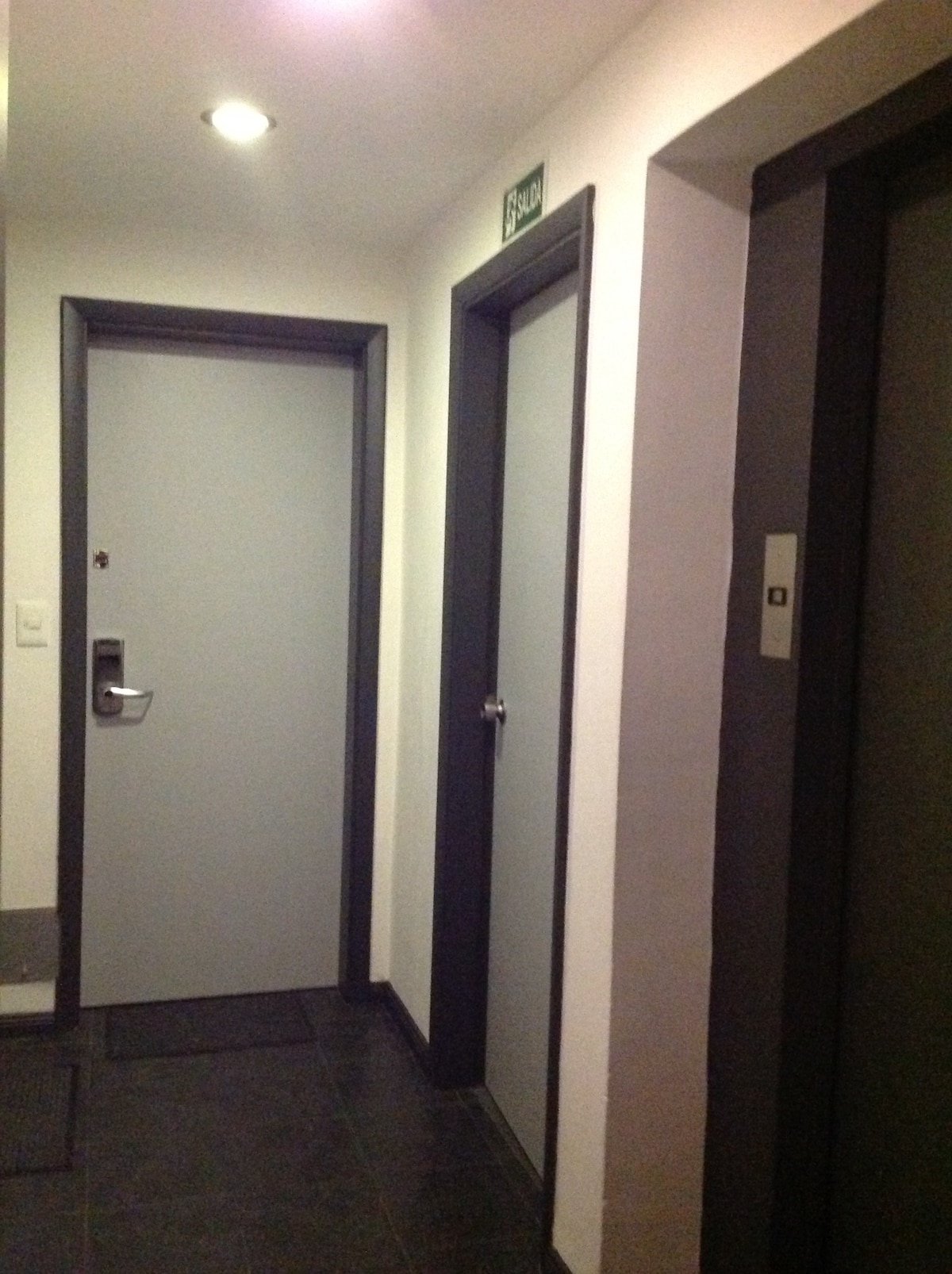 A well-lit hallway features gray doors leading to various rooms. A modern elevator is visible on the right side, adding accessibility. The flooring is dark and sleek, complementing the clean lines of the walls and doors.