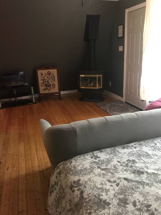 Cozy seating with t.v and fireplace
