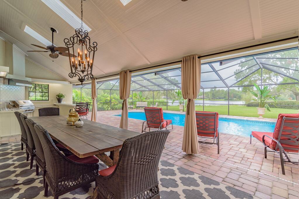 Large, Covered Lanai with Outdoor Kitchen & Dining with 14' Custom Table for 14