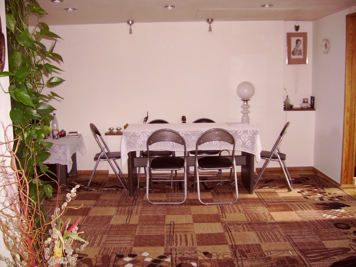 A dining area features a table surrounded by several black folding chairs. A patterned carpet covers the floor, while soft lighting is provided by ceiling fixtures. A small shelf with decor items and a framed picture can be seen in the background.