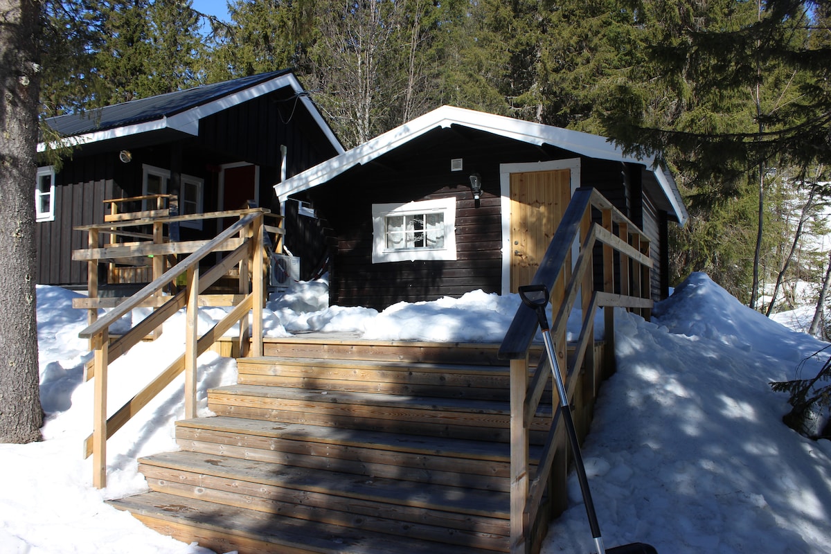 A wooden pathway leads up to a charming cabin surrounded by snow-covered terrain and tall trees. The entrance features a series of steps, with a wooden railing for support. Two cabins are visible, one with a dark exterior and another with a light-colored entrance.
