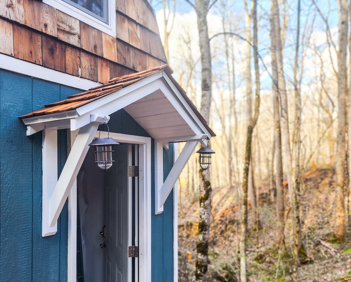 The entrance features a bright blue door framed by a small awning and two lanterns hanging on either side. The rustic siding showcases natural wood tones, with trees and greenery visible in the background, creating a serene outdoor setting.
