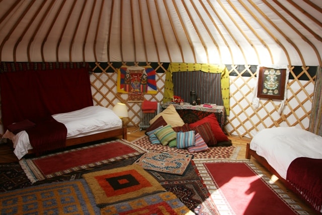 An inviting yurt interior features two spacious beds with quality bedding, surrounded by decorative rugs and vibrant cushions. A small table adorned with eclectic artwork enhances the cozy ambiance, while natural light filters through the sloped roof, illuminating the circular structure's wooden beams.