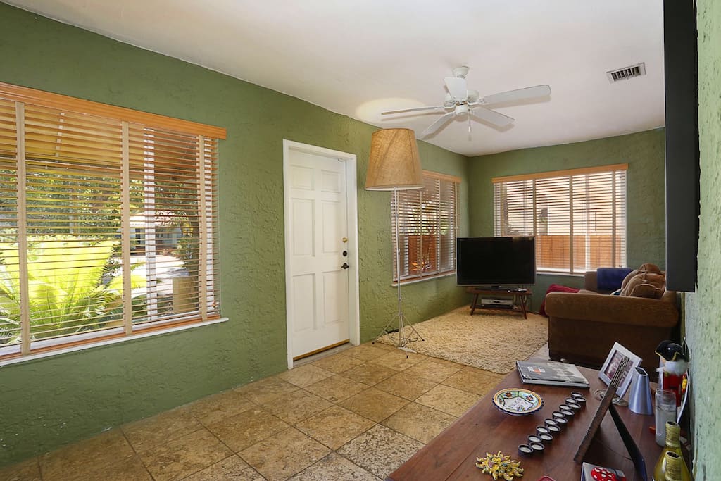 This section is the partial living room that guests have access to. Twin bed is located here.