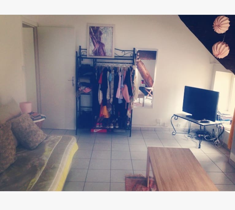 Le salon chambre !
Avec canapé lit amovible , range vêtement , télé (avec wifi)
Plusieurs petites lampes sont à votre disposition ainsi que des prises .