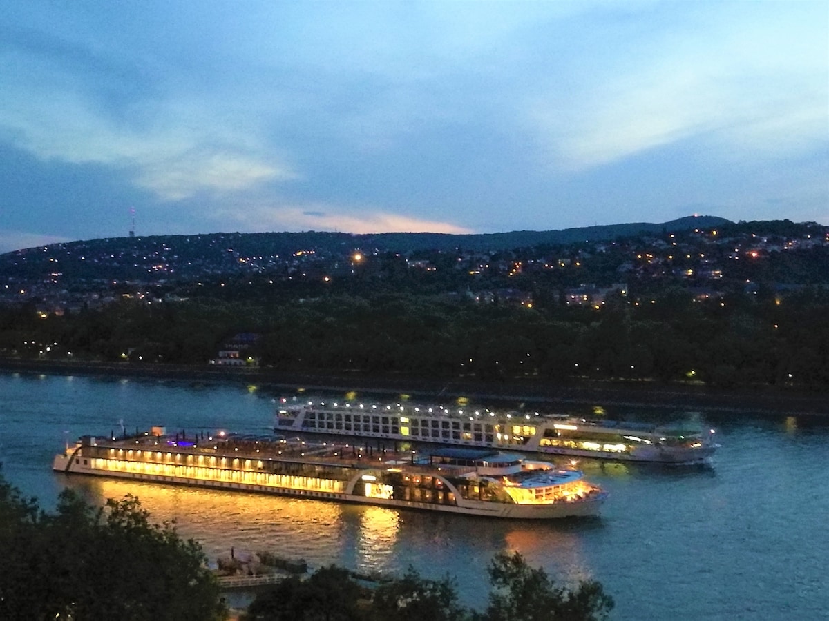 Two illuminated river cruise boats are visible on the Danube River during twilight, surrounded by lush greenery. The hills in the background are dotted with small lights, indicating a lively atmosphere. The sky transitions from light blue to deepening shades of evening hues.