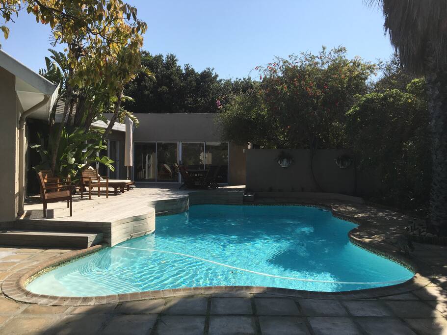 Our beautiful pool area and large pool which is great fun for the family and big enough to do exercise in too