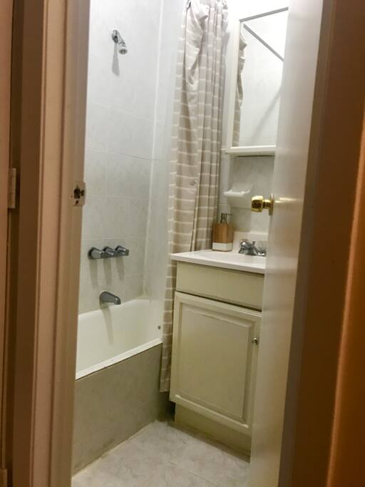 As you enter, to the left is the bathroom