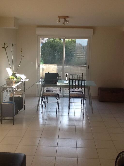 Salle à manger ouverte sur salon avec vue sur la terrasse. Style loft !