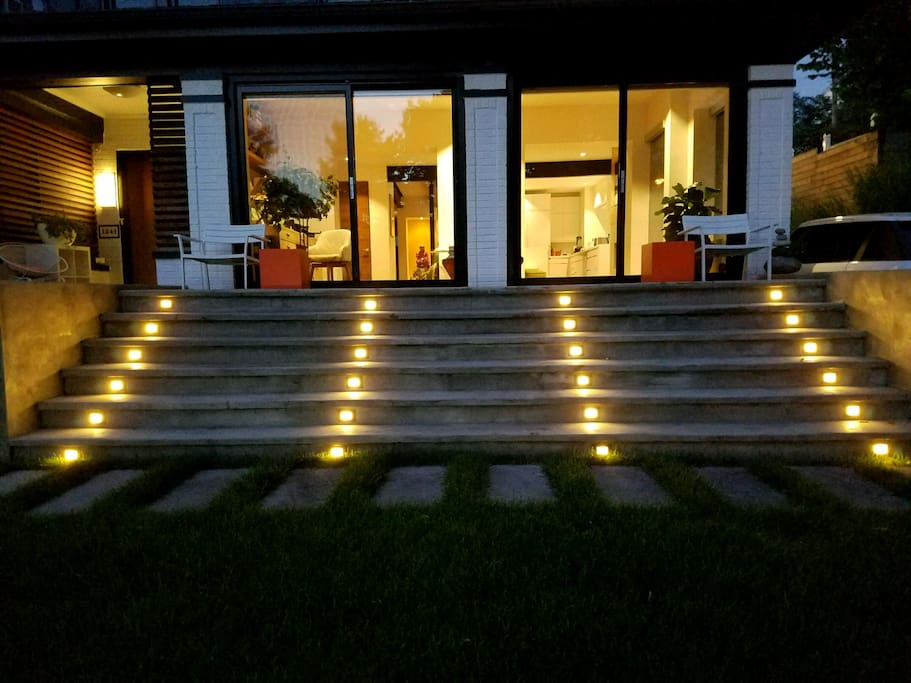 Led lights, light up the front of the property so that it is very recognizable at night time for late check-in guests.