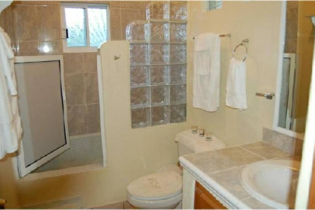 The bathroom is clean and beautifully tiled!