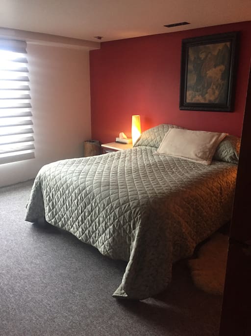 Recámara de muy buen tamaño con cama queen con confortable colchón ortopédico de memory Foam para un perfecto descanso.