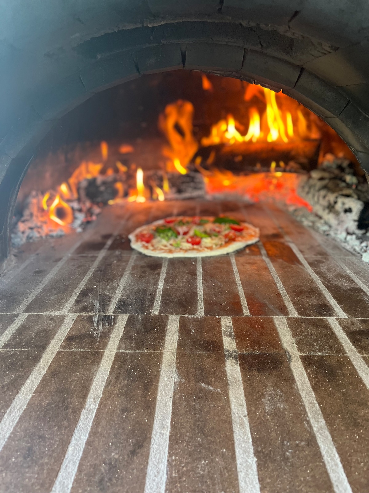 A wood-fired oven is shown with a pizza placed inside, surrounded by flames. The oven's interior is made of stone, and the base is covered in flour markings. The vibrant colors of the toppings are contrasted by the warm glow of the fire.