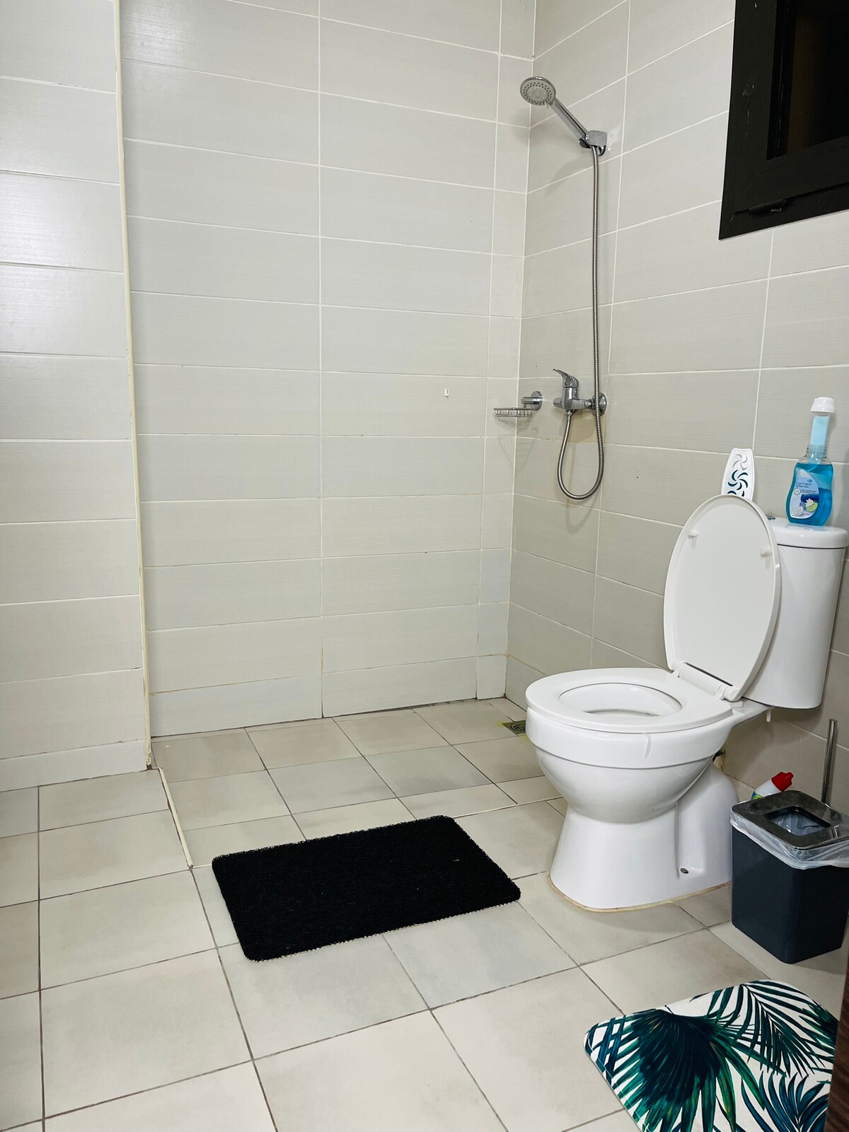 A clean and functional bathroom area is displayed, featuring a modern toilet and a shower with a glass panel. Neutral-colored tiles cover the walls and floor, while a small mat is placed in front of the toilet, adding a touch of comfort.