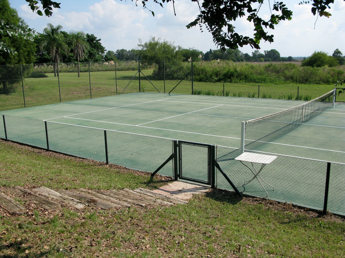 A well-maintained tennis court is set within a spacious grassy area, featuring a net at the center and surrounded by a chain-link fence. Steps lead down from the court, and a small table is positioned near the entrance, providing a convenient space for refreshments.
