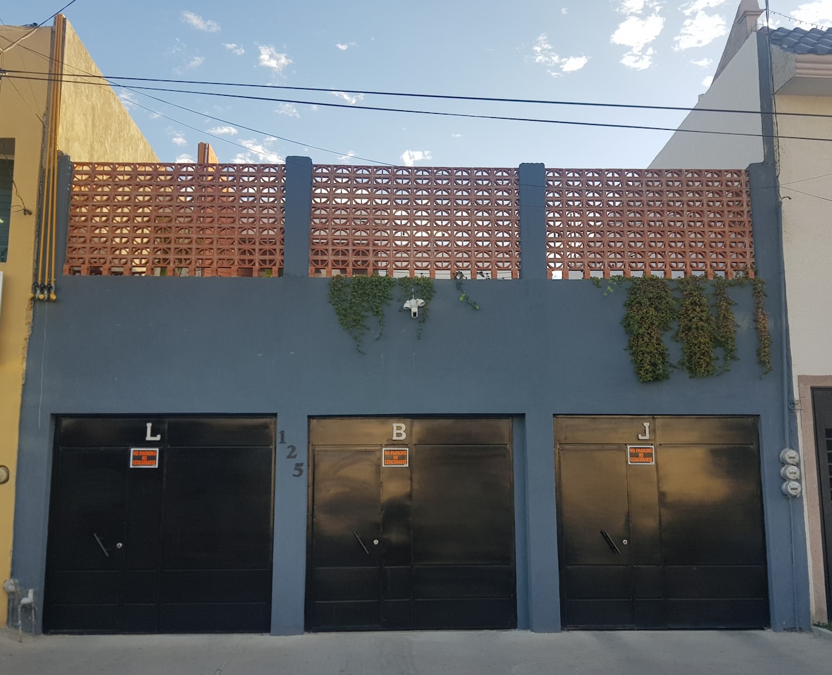 A three-door garage with dark metal doors is presented, featuring signage indicating their use. Above, a decorative lattice wall is showcased, accompanied by trailing green vines. The building presents a clean, structured facade against a clear sky.