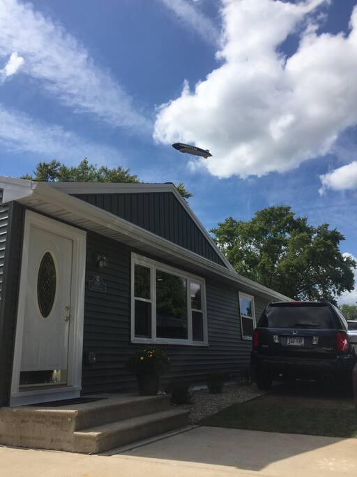 Blimp flying over