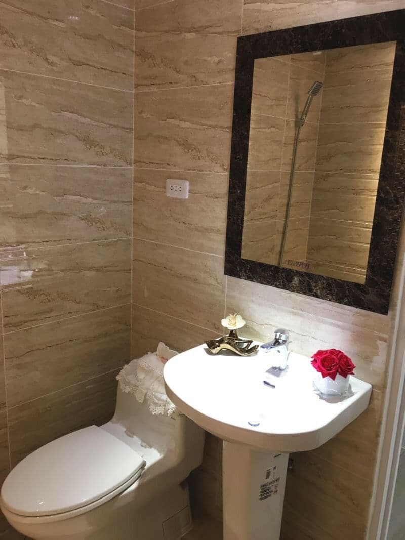 A compact bathroom features light beige marble walls, creating an airy appearance. A modern toilet is positioned next to a pedestal sink with a stylish faucet. A mirror with a dark frame reflects the space, while a small bouquet of red flowers adds a touch of color.