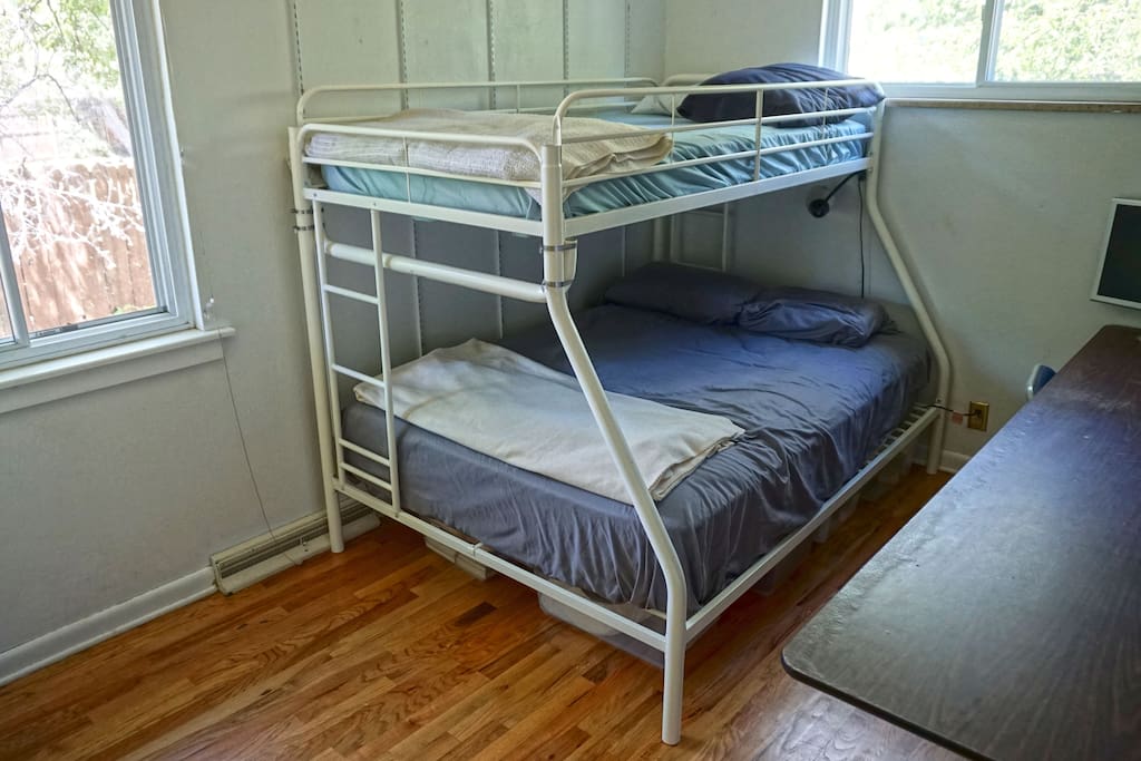 Bunk bed is a twin above and a full (double bed) below.