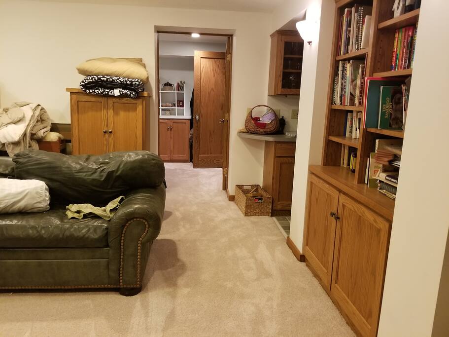 Bookcase, hallway to office and kitchen