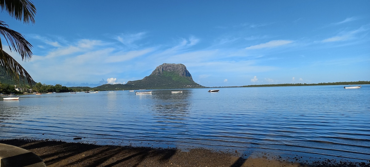 A panoramic view of calm waters reflects the clear blue sky, with Le Morne Mountain prominently situated in the background. Small boats are anchored near the shore, while the shoreline is lined with a palm tree silhouette, creating a serene coastal setting.