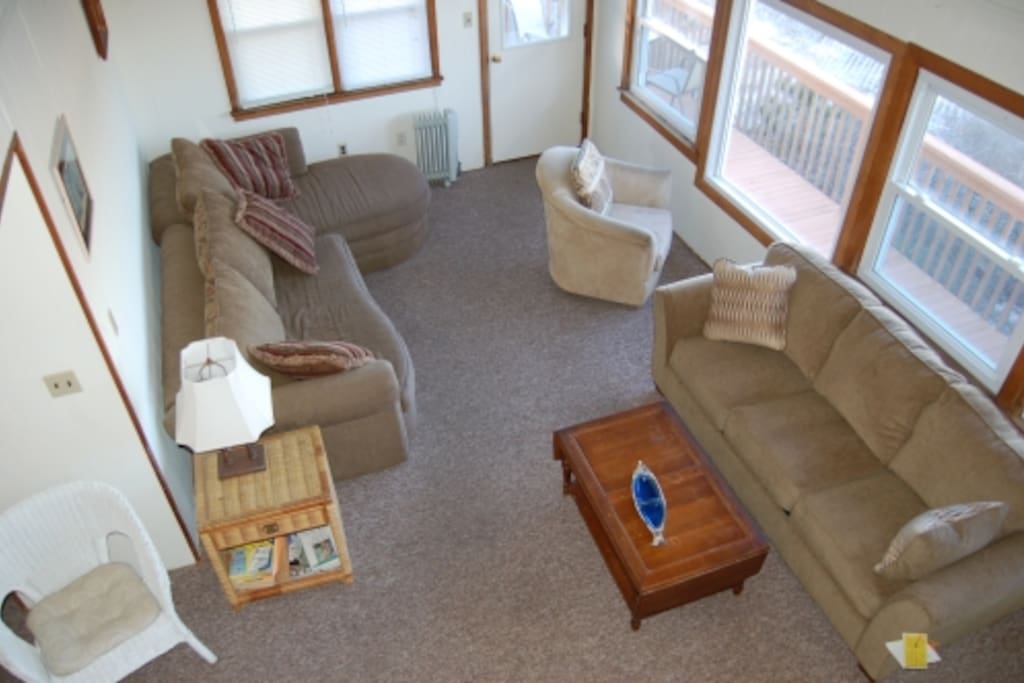 ocean views from living room with 2 sofas