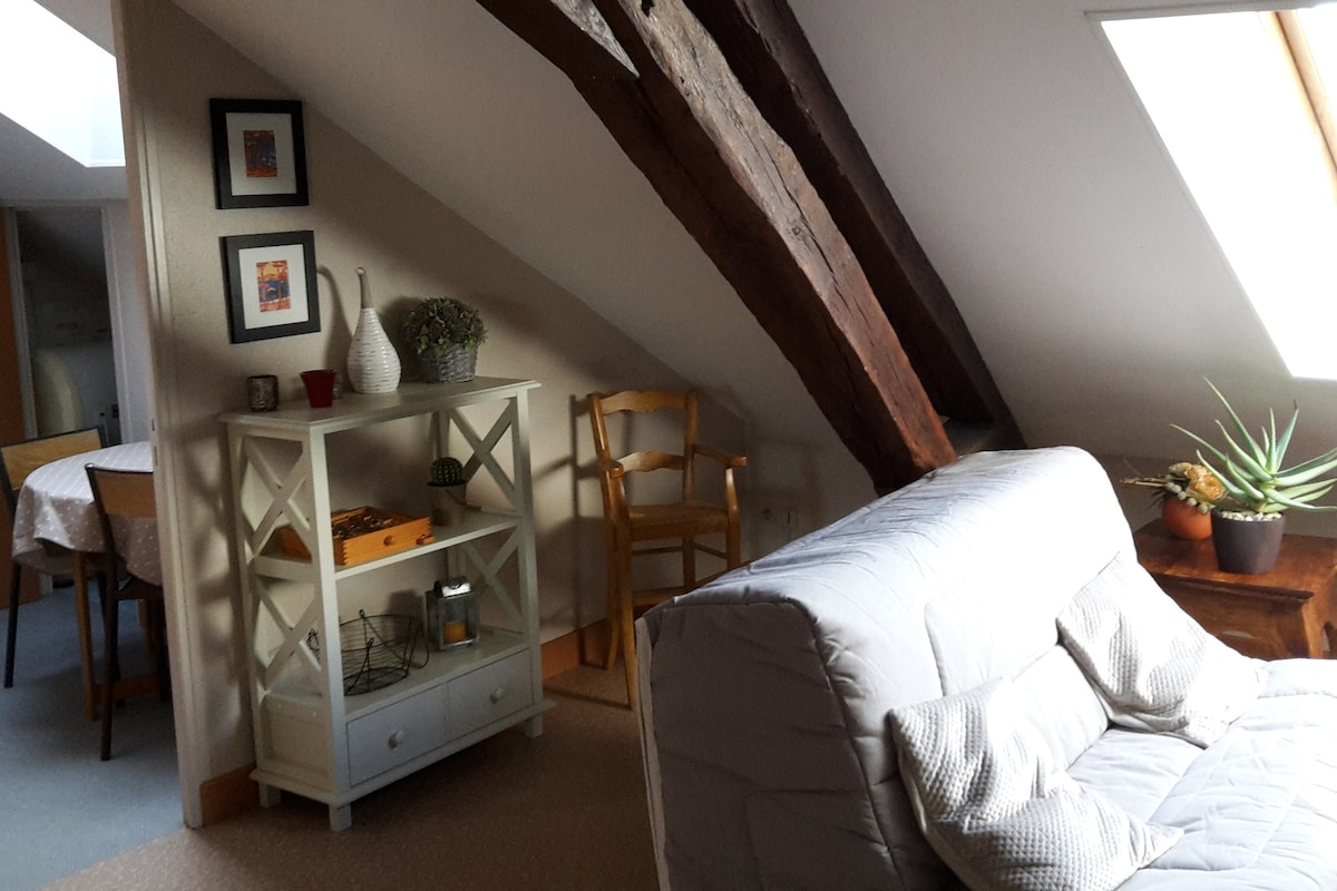 The living area features sloped ceilings supported by exposed wooden beams. A light-colored sofa is situated next to a white cabinet with decorative items. A wooden chair stands nearby, and a small table is visible in the background, enhancing the cozy ambiance of the space.