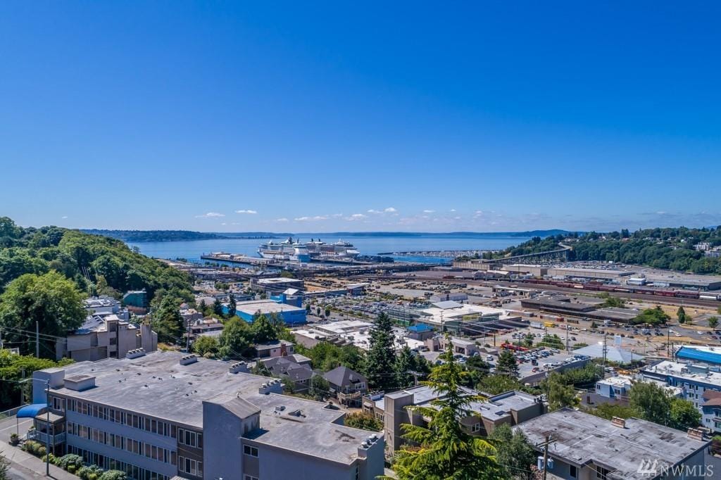 A panoramic view showcases the waterfront and cityscape of Seattle under a clear blue sky. The image captures the harbor with ships and surrounding greenery, illustrating the blend of urban and natural environments in the area.