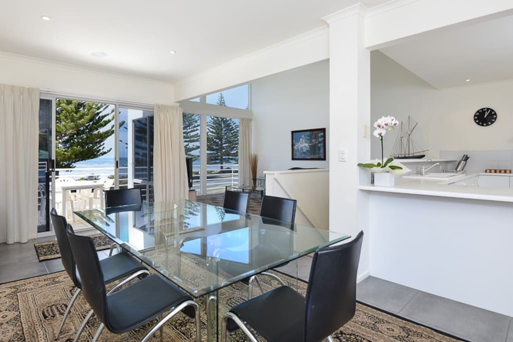 Sea views from the dining area, a large glass table to easily seat 8