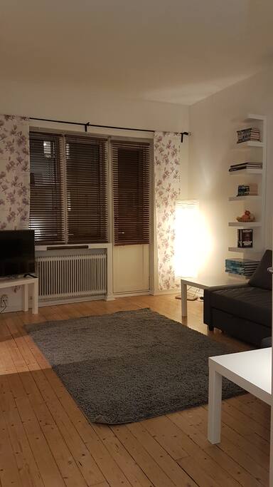 The living room has a big window and a door to the balcony, both equipped with adjustable blinds.