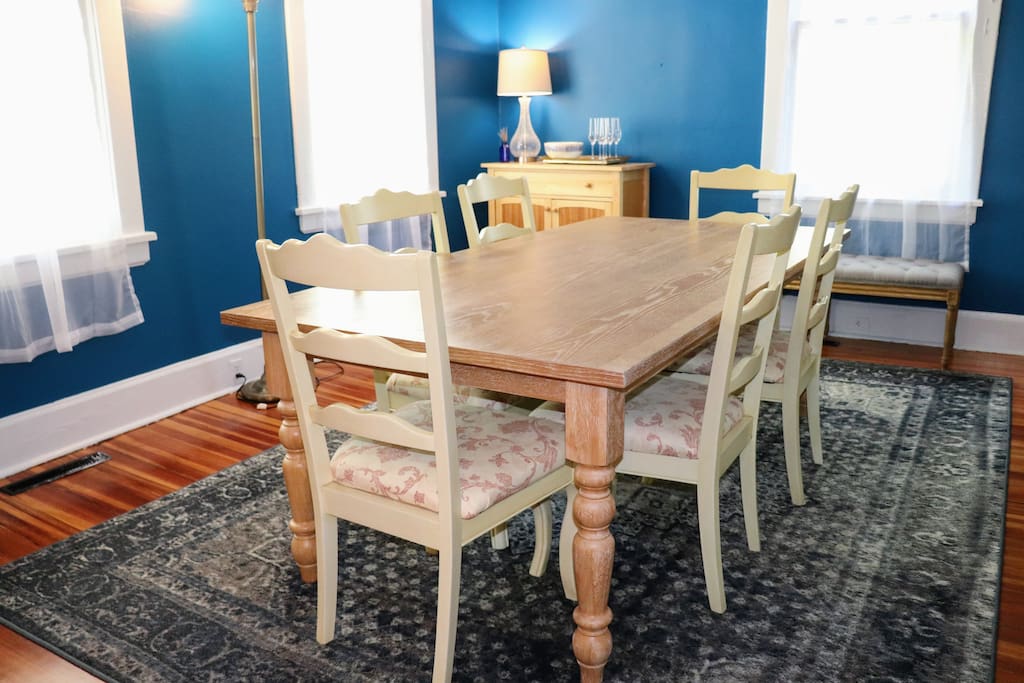 Dining Room table can comfortably fit 8. Perfect for family meals, game nights, or work retreats.