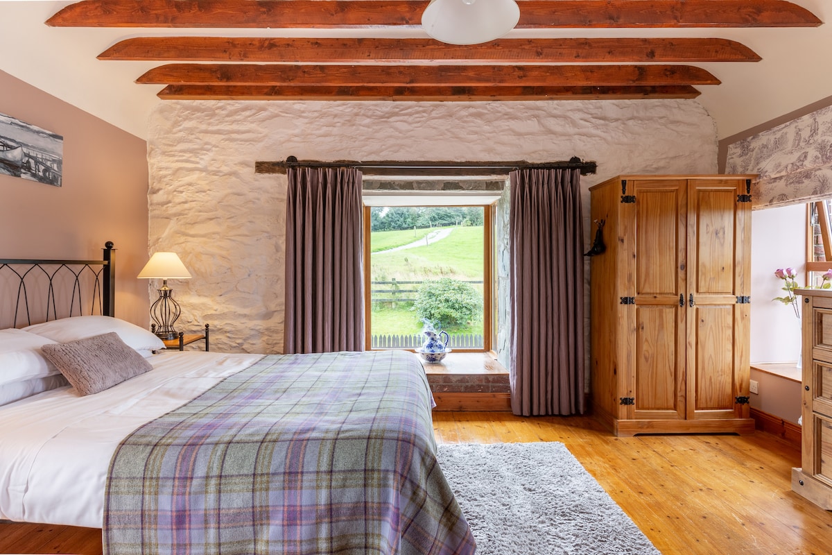 A spacious room features a king-size bed with a plaid throw, complemented by warm wooden beams and a soft rug. Natural light illuminates the space through a large window overlooking green pastures. A wooden wardrobe and bedside lamp enhance the country-style decor.