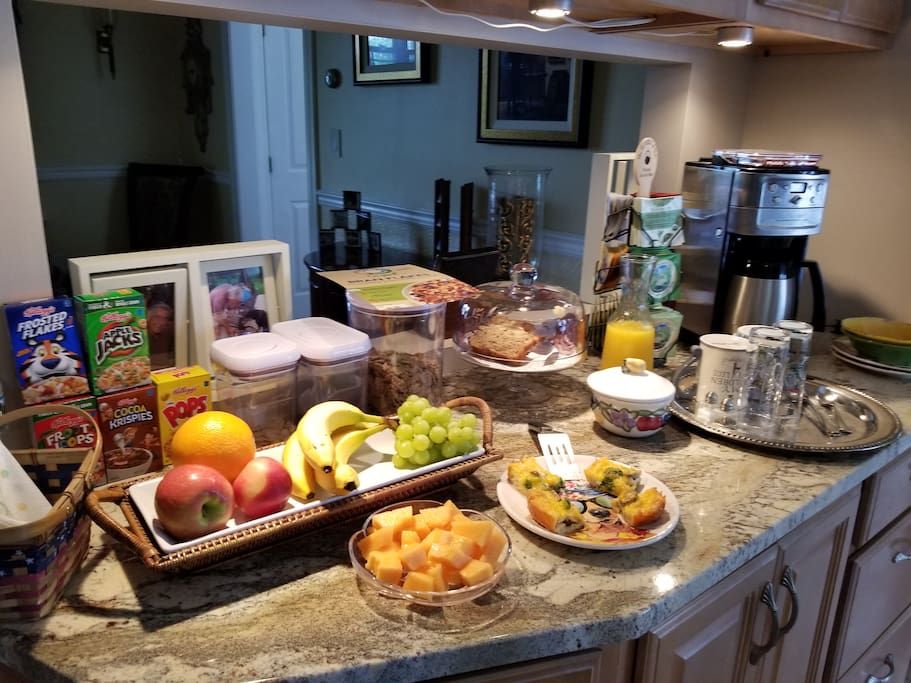 Complementary bottled water during your stay. Breakfast - cereals served with raisins/sliced almonds, oatmeal, fruit, home-made baked bread, quiche, o.j., specialty teas from The Republic of Tea, and fresh-ground coffee.
