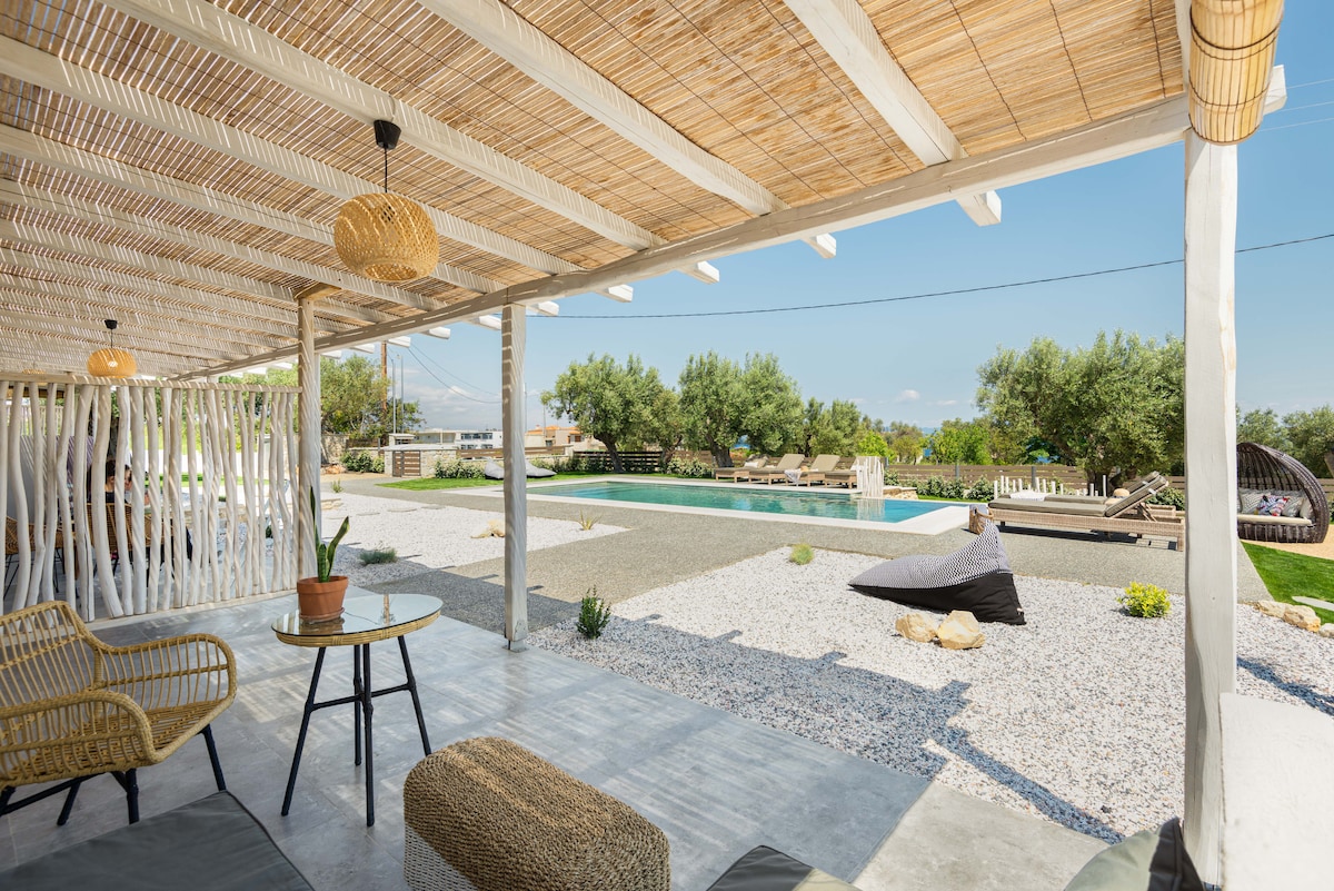 A shaded outdoor patio area is presented, featuring comfortable seating arrangements with natural materials. A stone path leads to a shared pool area surrounded by olive trees and sunbeds, all beneath a clear blue sky that enhances the tranquil ambiance.