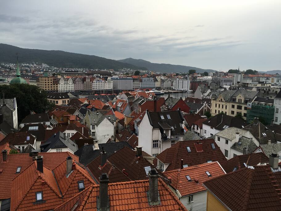 View from inside house over central Bergen. 90 m from Fløybanen, 200 m from Bryggen, quiet, cobblestoned idyllic archtypical house in most idyllic part of Bergen city centre