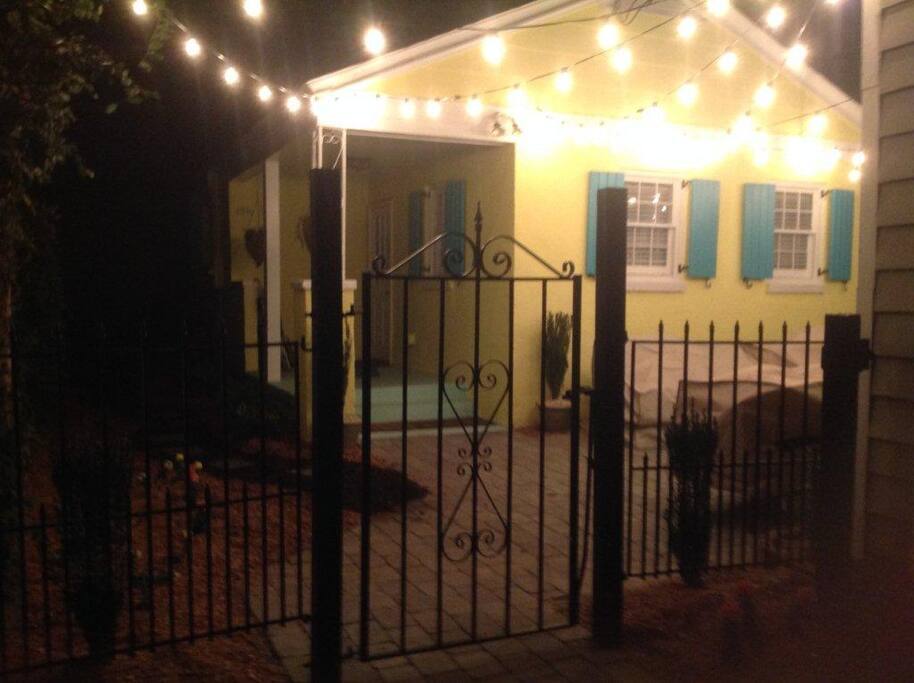 Nighttime view of the front courtyard.
