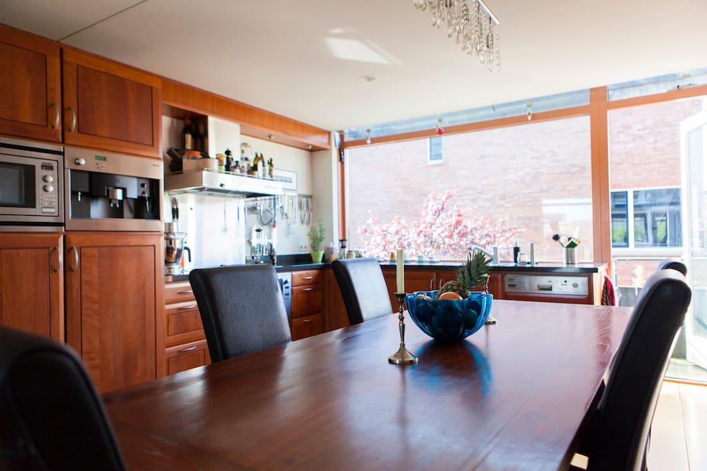 Dining table and kitchen