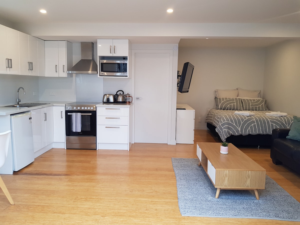 A modern studio space features a fully equipped kitchen with stainless steel appliances and cabinetry. A spacious queen bed is positioned against the wall, accompanied by a three-seater couch and a wooden coffee table on a soft rug, creating a comfortable living area.