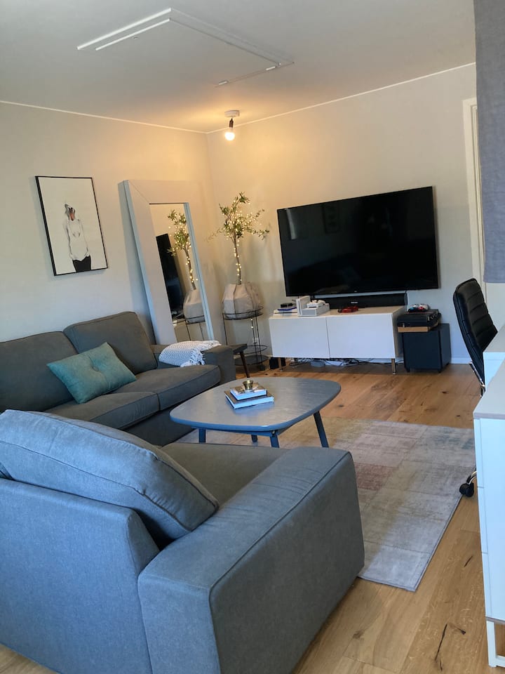 Mediarum bredvid sovrum 2. 65" TV Med Soundbar, Playstation 4, XBOX Series S samt Apple TV. Divane të mëdha dhe gjithashtu mund të hiqen tavolina kafeje dhe dyshek për vende gjumi shtesë. Gjithashtu, ka edhe një qoshe tavoline me ekran të lidhjes së laptopit.