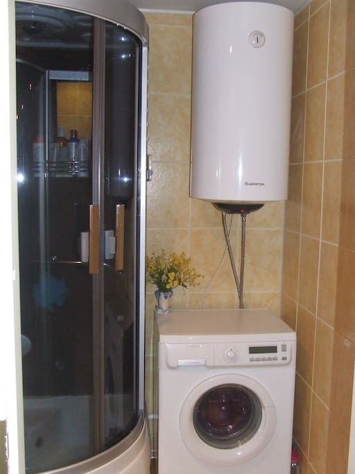 Shower and a washing machine.