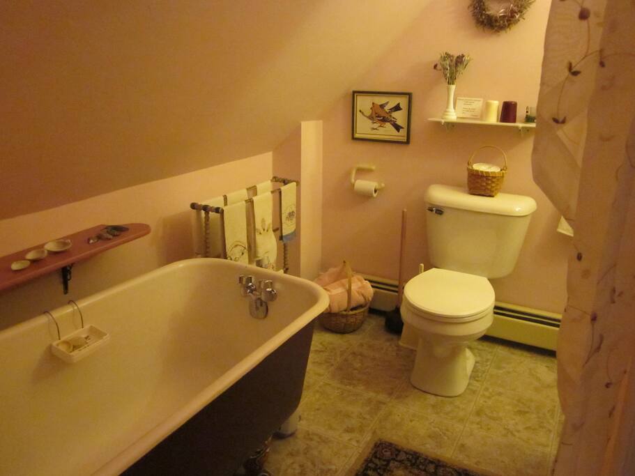 A classic "soaking tub"- plus a shower - add to the sweet comfort of this room.
