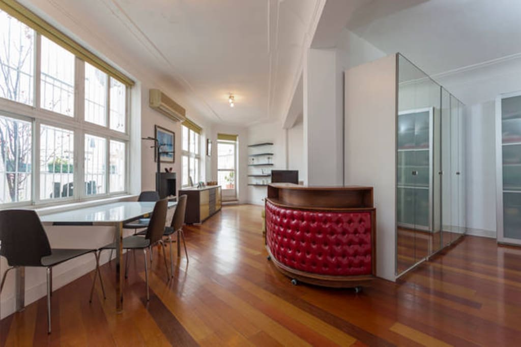 open Living room with moving bar
