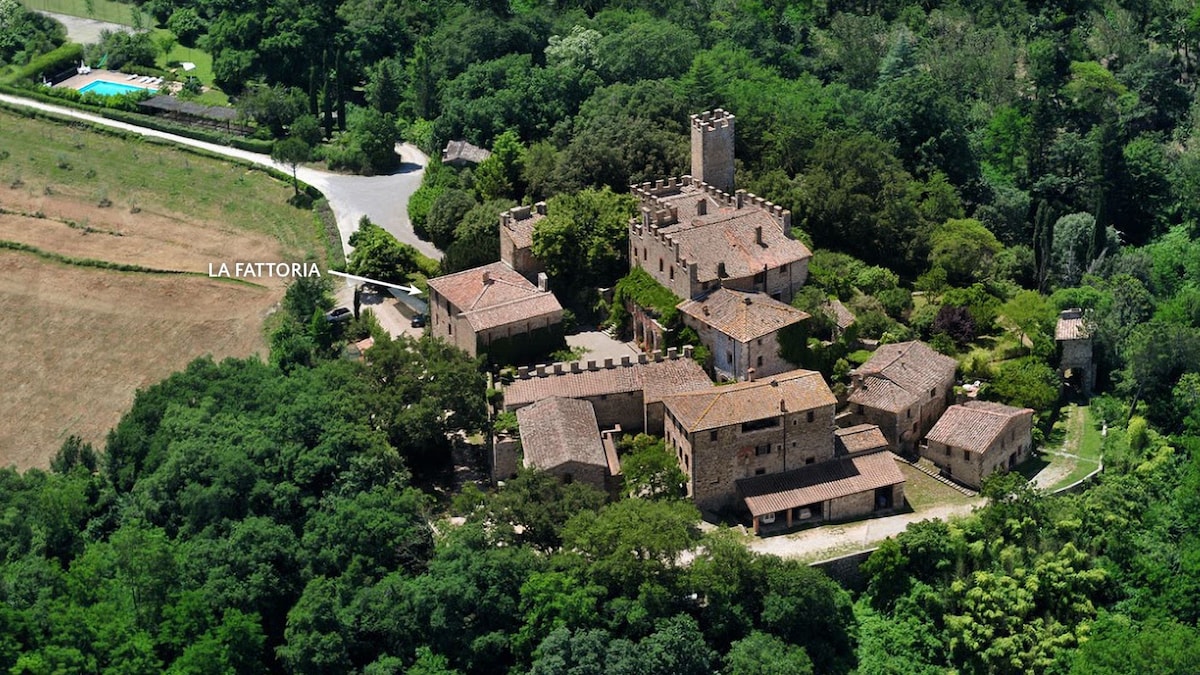 An aerial view reveals the medieval village of Montalto, surrounded by lush greenery and rolling hills. The Fattoria is noted among the rustic buildings, with a swimming pool visible in the distance, blending harmoniously into the picturesque landscape.