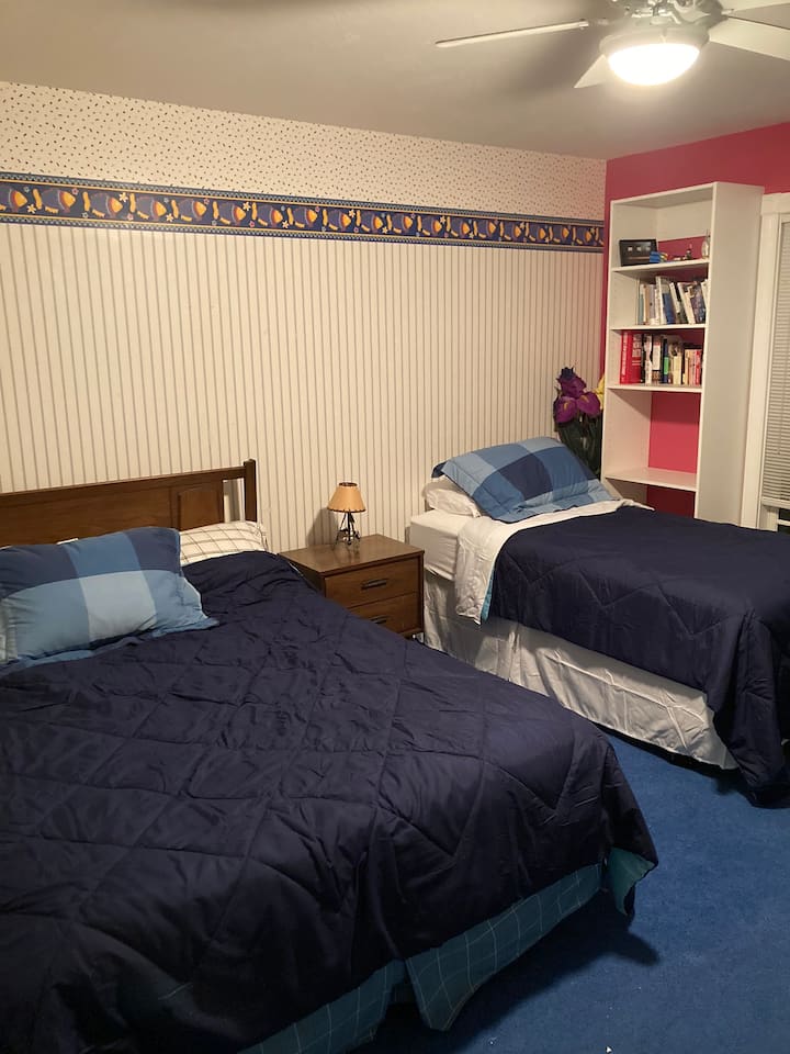 Një nga dhomat e gjumit në katin e tretë.  Krevat dopio "queen" dhe tek