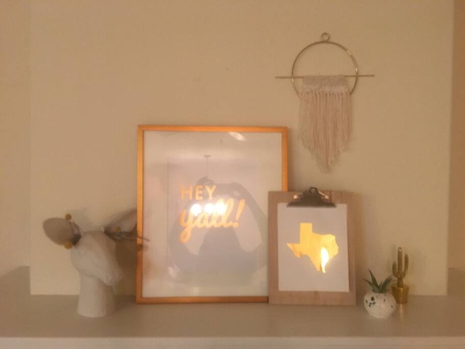 Hey y'all! Our little Texas shrine on the fireplace mantel.